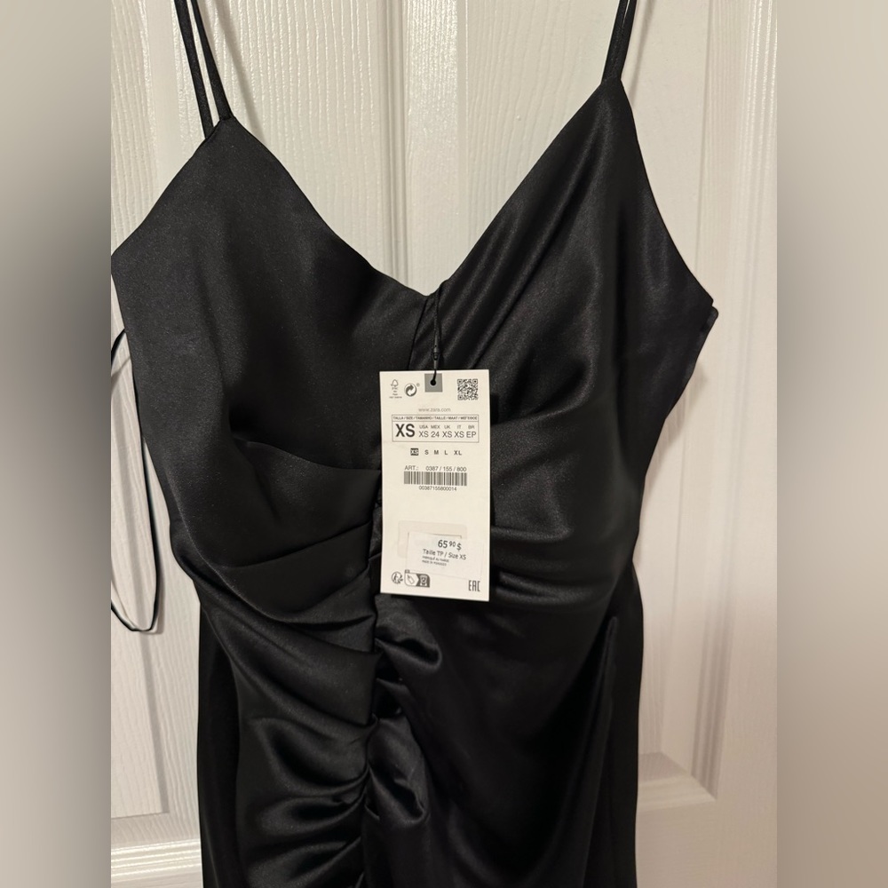 New with Tags Zara Black Midi Ruched Satin Dress with Slit Size XS - Picture 5 of 13